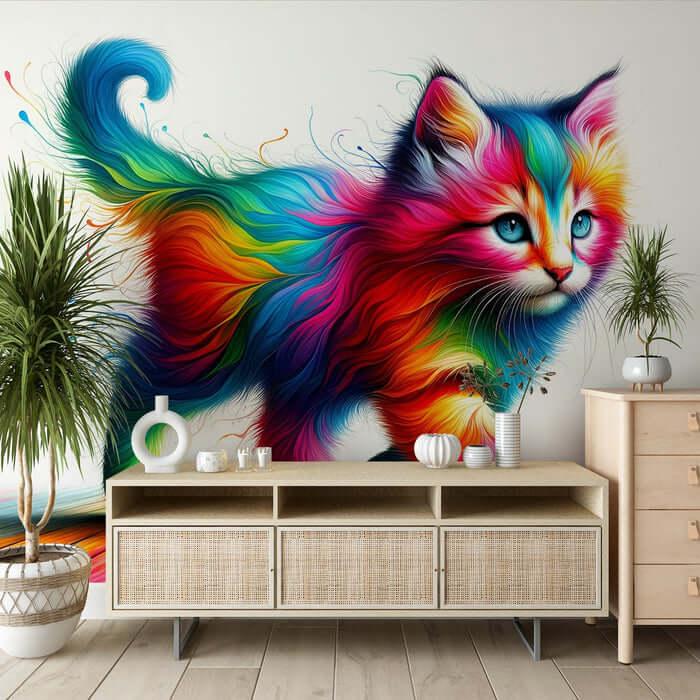 Rainbow Cat Wallpaper Mural | Children's Room Bedroom Playful Art Decorative Wall - colorful fantasy feline mural accents a joyful, imaginative space