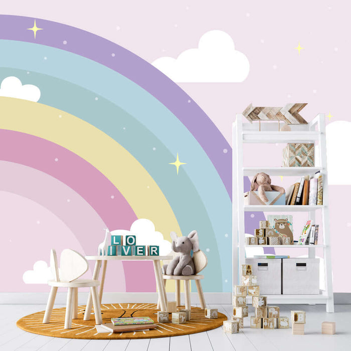 Rainbow Cloud Wallpaper Mural | Sweet Decorative Wall in Children's Room Bedroom - dreamy rainbow clouds star wall decor for kids room