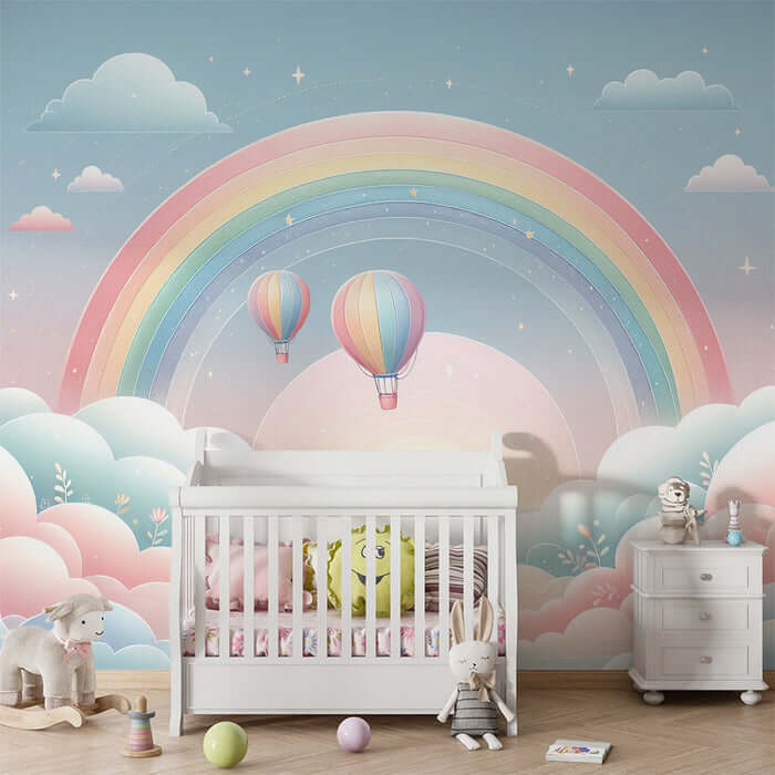 Rainbow Hot Air Balloon Wallpaper Mural — Dreamy Kids Room Decor | Healing Nursery & Bedroom Wall Art | Fairy Tale Theme