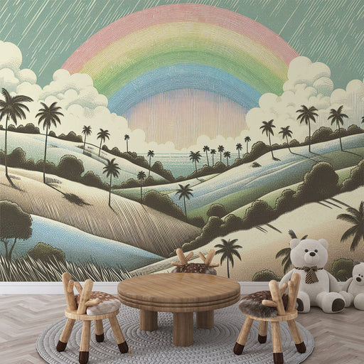 Rainbow Island Wallpaper Mural | Living Room and Bedroom Decorative Wall showcasing retro rainbow island design with tropical landscape, perfect for healing vacation vibes