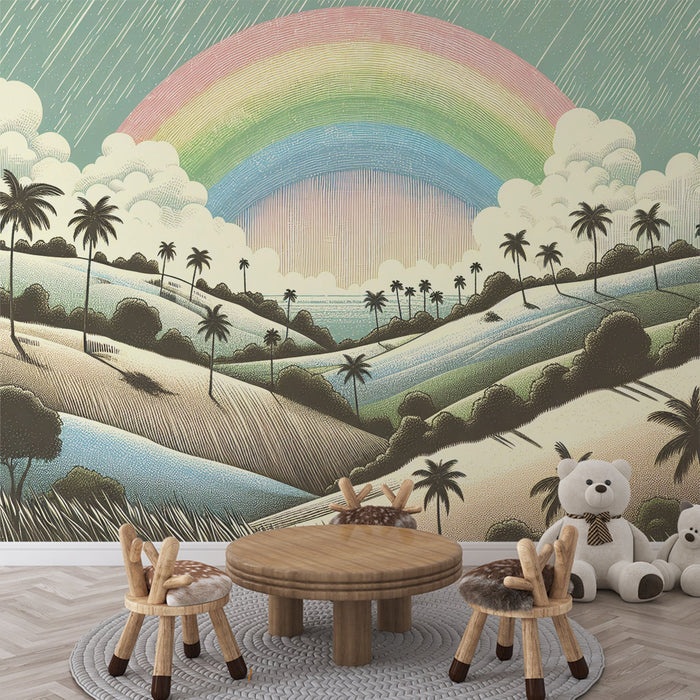 Rainbow Island Wallpaper Mural | Living Room and Bedroom Decorative Wall showcasing retro rainbow island design with tropical landscape, perfect for healing vacation vibes