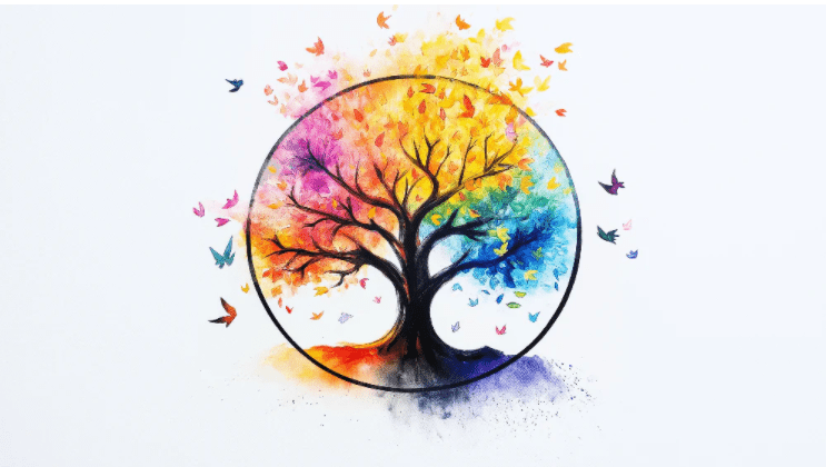 Rainbow Tree Watercolor Wallpaper Mural | Colorful Flying Birds - Carving wallpaper