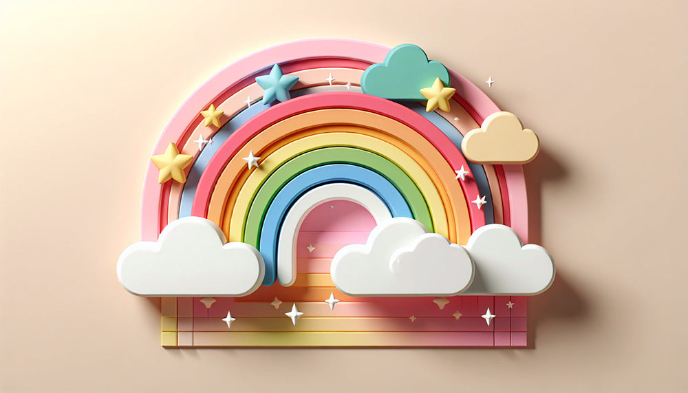 Rainbow Wallpaper Mural | Children's Room Decorative Wall - vibrant 3D rainbow with clouds and stars for a magical children's room decor