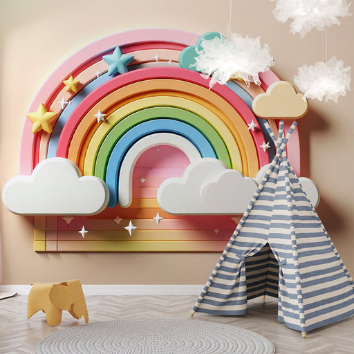 Rainbow Wallpaper Mural | Children's Room Decorative Wall featuring a vibrant 3D rainbow with clouds, stars, tipis and whimsical decor for a playful kids’ room