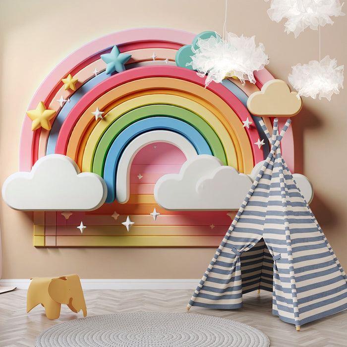 Rainbow Wallpaper Mural | Children's Room Decorative Wall featuring a vibrant 3D rainbow with clouds, stars, tipis and whimsical decor for a playful kids’ room