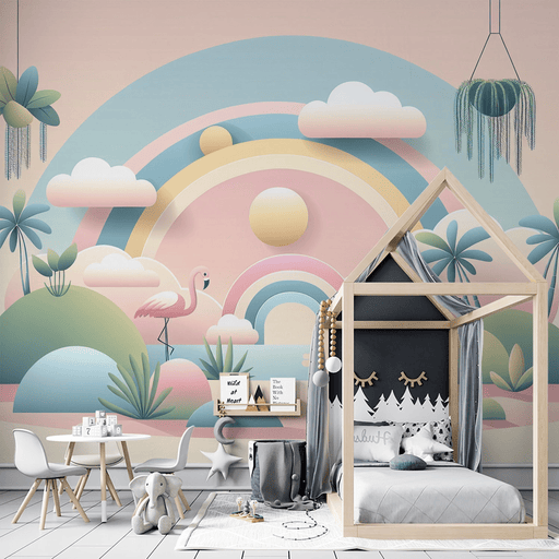 Rainbow Wallpaper Mural | Clouds and Flamingos with Tropical Oasis - Carving wallpaper