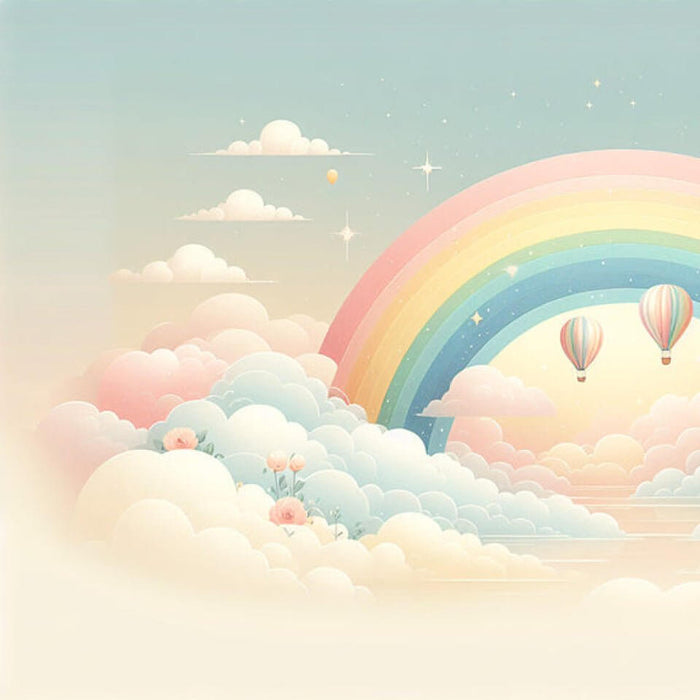 Rainbow Wallpaper Mural | Clouds on a Soft Balloon Background with rainbow, clouds, pink flowers, hot air balloons and stars in a dreamy fairytale sky