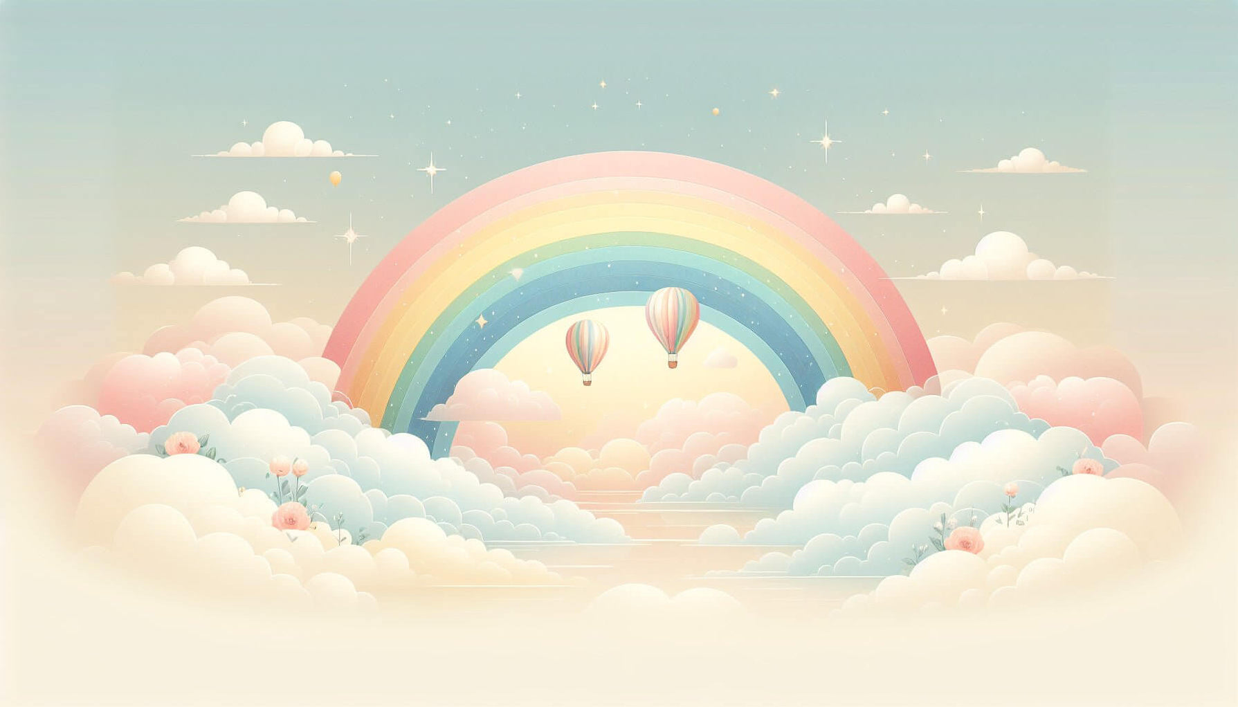 rainbow wallpaper mural with clouds and balloons | Dreamy Cloudscape ...