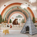 Rainbow Wildlife Wallpaper Mural | Bear & Foxes Under Colorful Arch with Sun, Birds – Joyful Kids Room Decor