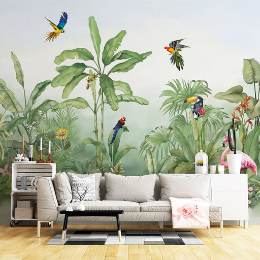 Rainforest flora and fauna wallpaper murals | Colorful green plants and flying birds - Carving wallpaper