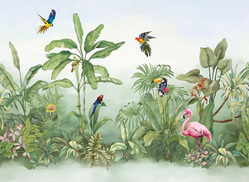 Rainforest flora and fauna wallpaper murals | Colorful green plants and flying birds - Carving wallpaper