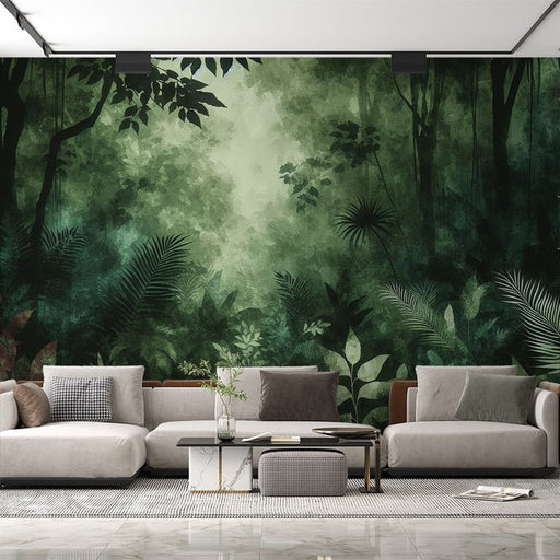 Rainforest Wallpaper Mural | Deep Green Plant Forest - Carving wallpaper