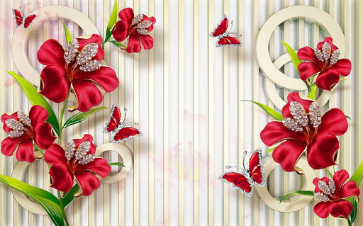 Red Flower Wallpaper Mural | Flower Butterfly - Carving wallpaper