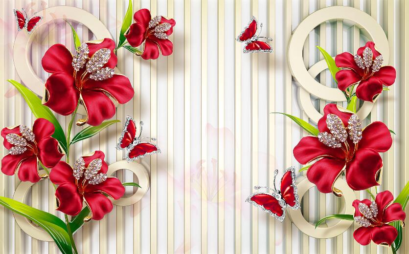 Red Flower Wallpaper Mural | Flower Butterfly - Carving wallpaper