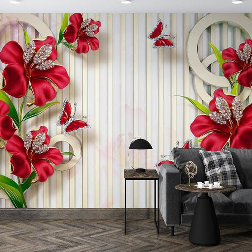 Red Flower Wallpaper Mural | Flower Butterfly - Carving wallpaper
