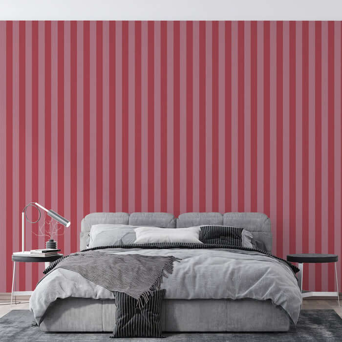 Red & Pink Striped Wallpaper – Vintage Romantic Dream: bold red and soft pink vertical stripes accenting a modern bedroom backdrop