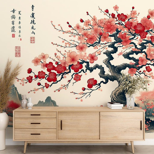 Red plum tree | wallpaper mural - Carving wallpaper
