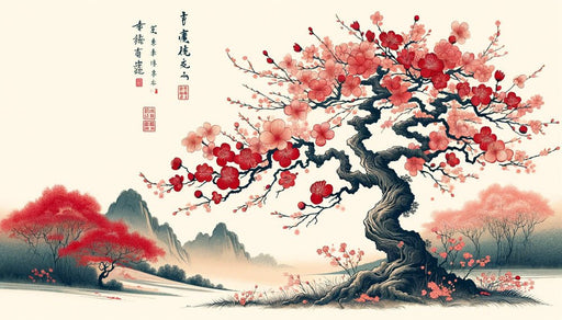 Red plum tree | wallpaper mural - Carving wallpaper