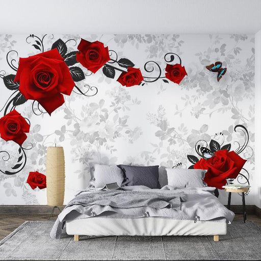 Red Rose Wallpaper Mural | Red Rose with Gray Vine - Carving wallpaper