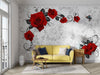 Red Rose Wallpaper Mural | Red Rose with Gray Vine - Carving wallpaper