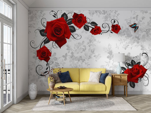 Red Rose Wallpaper Mural | Red Rose with Gray Vine - Carving wallpaper
