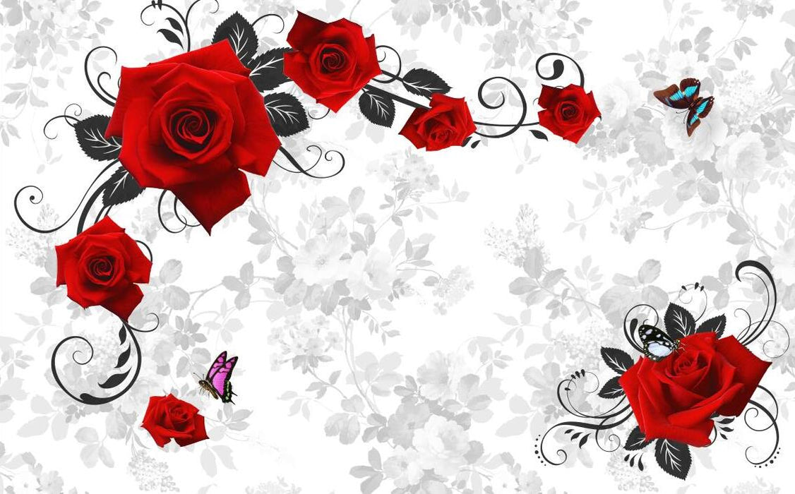 Red Rose Wallpaper Mural | Red Rose with Gray Vine - Carving wallpaper