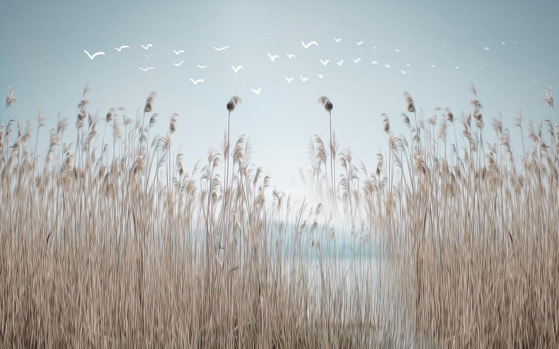 Reed wallpaper mural | Reed flying birds create a peaceful atmosphere - Carving wallpaper