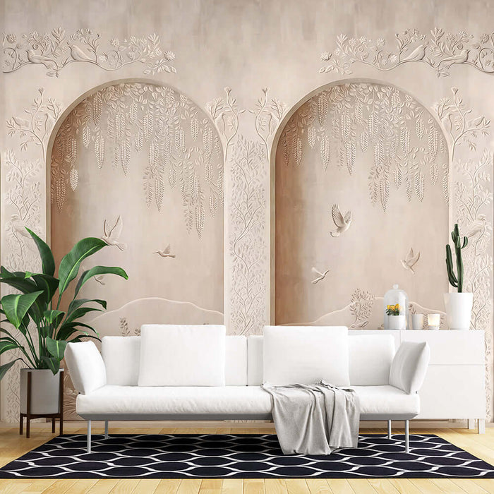 Relief art wallpaper mural | Living room bedroom three-dimensional decorative wall featuring floral arches with nature scene for immersive home decor