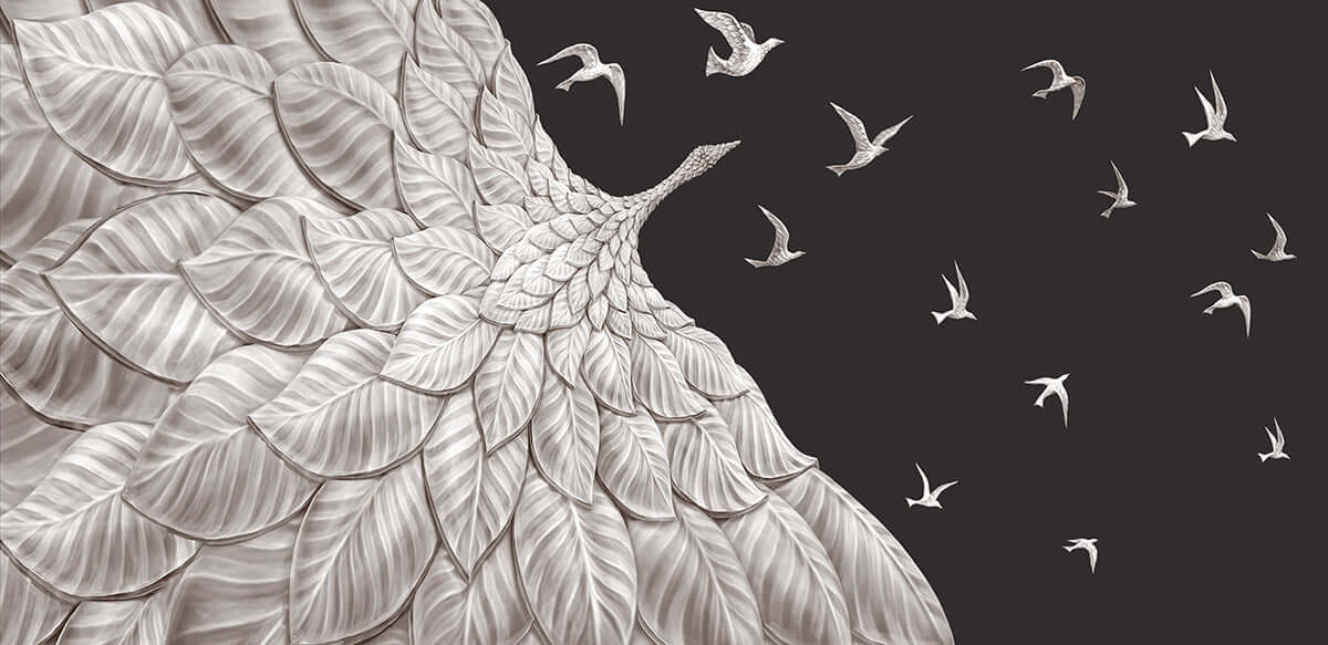Relief feather bird wallpaper | black and white wing decoration mural