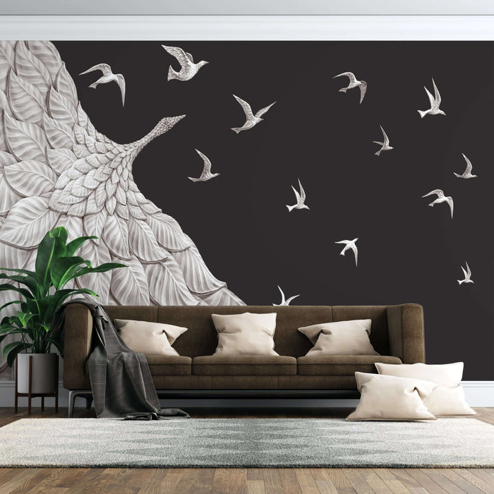 Relief feather bird wallpaper | black and white wing decoration mural with three-dimensional feather textures and flying birds gallery art