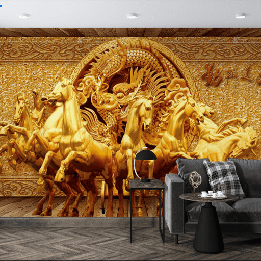 Relief horse wallpaper murals | Golden dragon eight Jun patterns show the luxurious atmosphere - Carving wallpaper