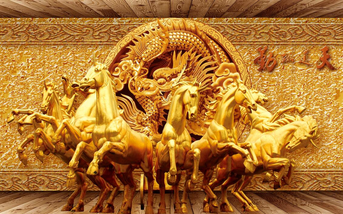 Relief horse wallpaper murals | Golden dragon eight Jun patterns show the luxurious atmosphere - Carving wallpaper