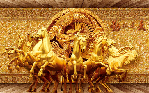 Relief horse wallpaper murals | Golden dragon eight Jun patterns show the luxurious atmosphere - Carving wallpaper