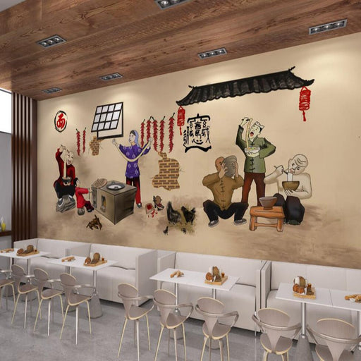 Restaurant mural wallpaper | Chinese folk life scene noodle shop - Carving wallpaper