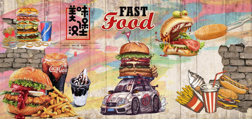 Restaurant wallpaper mural | featuring hamburgers, French fries, cola, and ice cream - Carving wallpaper