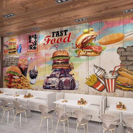 Restaurant wallpaper mural | featuring hamburgers, French fries, cola, and ice cream - Carving wallpaper