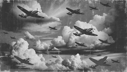 Retro Aircraft Mural Wallpaper | Vintage Fighter Jet Design | Industrial Game Room & Study Decor: A dramatic black-and-white mural featuring multiple vintage fighter planes soaring through thick clouds, delivering an authentic retro military vibe.