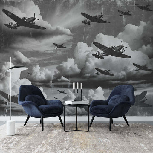 Retro Aircraft Mural Wallpaper | Vintage Fighter Jet Design | Industrial Game Room & Study Decor - dramatic grayscale military planes soaring through clouds mural backdrop
