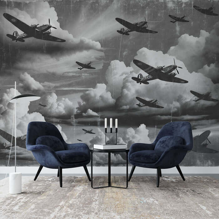 Retro Aircraft Mural Wallpaper | Vintage Fighter Jet Design | Industrial Game Room & Study Decor - dramatic grayscale military planes soaring through clouds mural backdrop