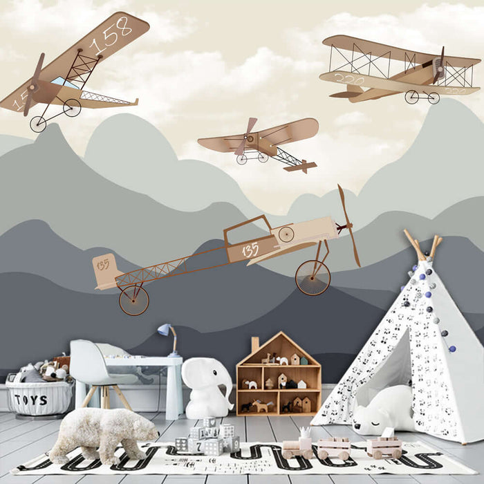 Retro airplane wallpaper | Nostalgic flying decoration painting for living room and bedroom with vintage planes over mountains