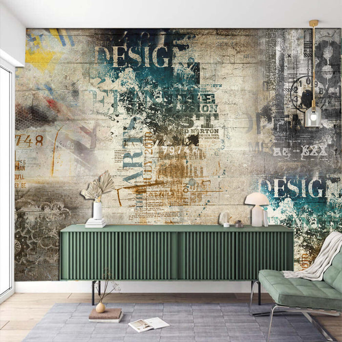 Retro art wallpaper | Small and niche design decorative wall for living room and bedroom with vintage collage texture and text elements
