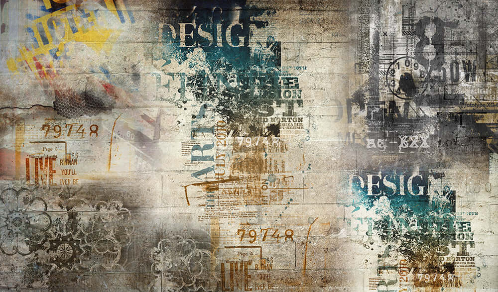 Retro art wallpaper | Small and niche design decorative wall for living room and bedroom - a vintage collage texture with text elements for retro atmosphere