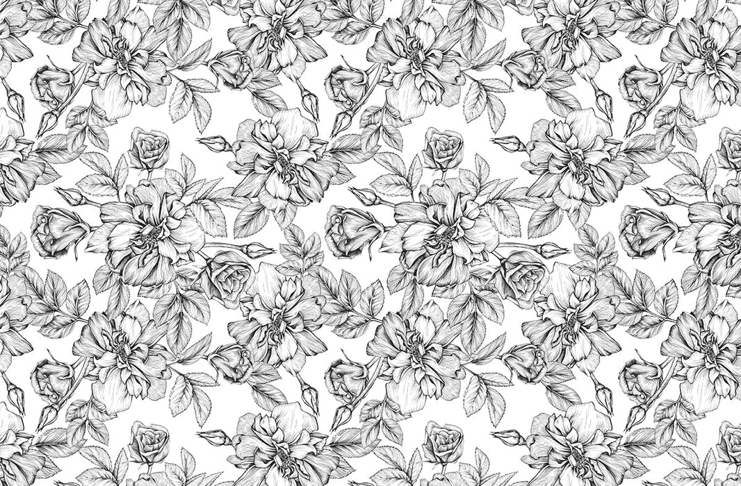 Retro black and white rose wallpaper mural | Hand drawn floral sketches - Carving wallpaper