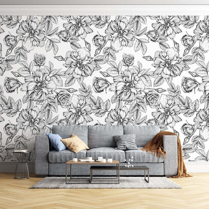 Retro black and white rose wallpaper mural | Hand drawn floral sketches featuring vintage black-and-white roses and peonies for a sophisticated wall backdrop