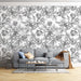Retro black and white rose wallpaper mural | Hand drawn floral sketches featuring vintage black-and-white roses and peonies for a sophisticated wall backdrop