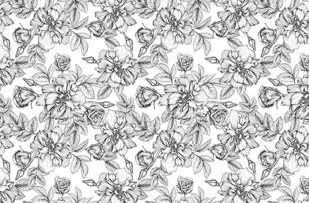 Retro black and white rose wallpaper mural | Hand drawn floral sketches