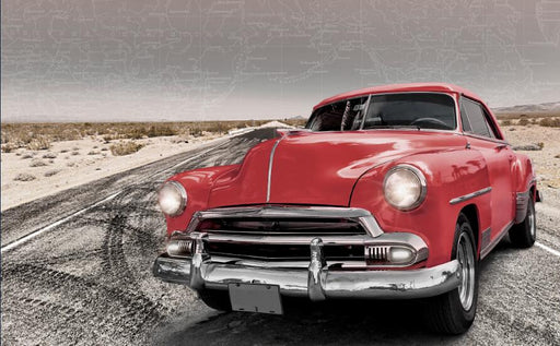 Retro car mural wallpaper | Desert road showcases classic charm - Carving wallpaper