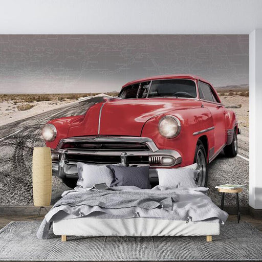 Retro car mural wallpaper | Desert road showcases classic charm - Carving wallpaper