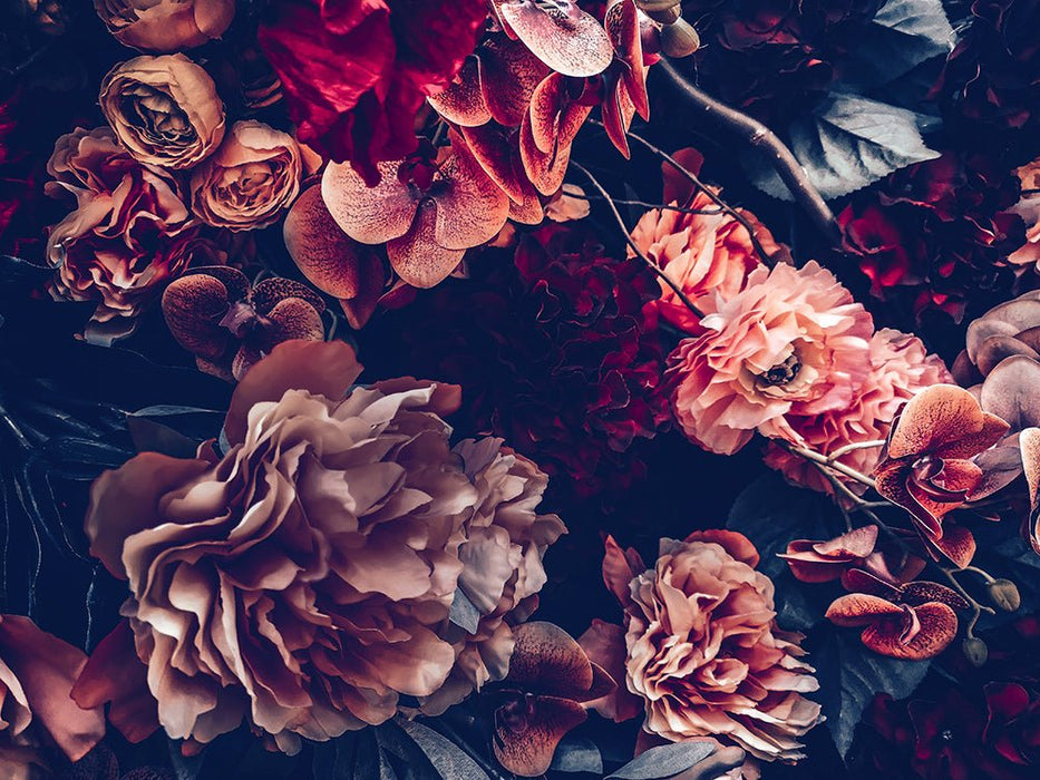 Retro dark floral wallpaper mural | Deep background with pink brown flowers - Carving wallpaper