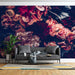 Retro dark floral wallpaper mural | Deep background with pink brown flowers - Carving wallpaper